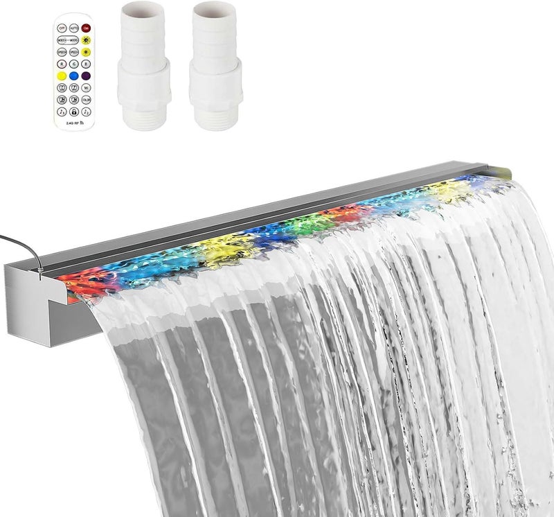 Kfpmx Pool Fountain Stainless Steel Waterfall with LED Lights - 35.4" LED Strip Remote Control with 18 Colors, Smooth Water Flow & Cascade Blade, Easy Installation for Outdoor, Garden, Patio & Ponds - Image 1